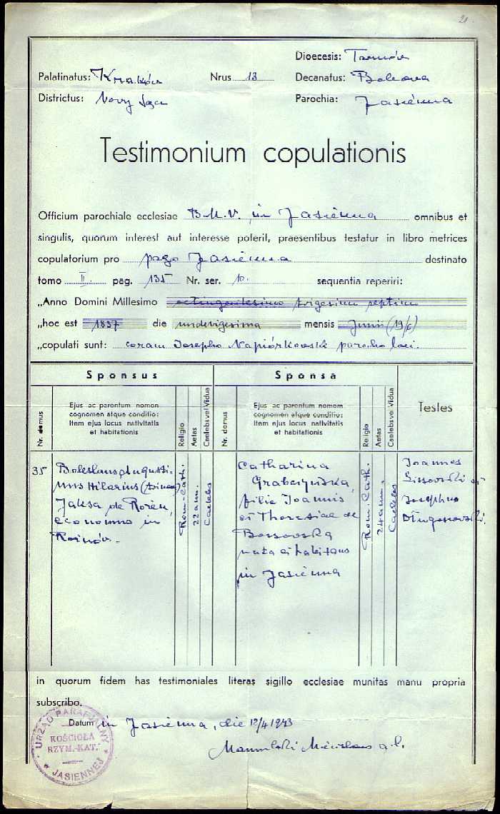 1837 Testimonium copulationis Boleslaus Augustinus Hilarius Jaksa de Roen et Catharina Grabczyska