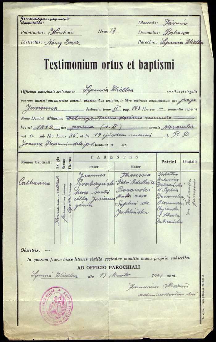 1812 Testimonium ortus et baptismi Catharina Grabczyska