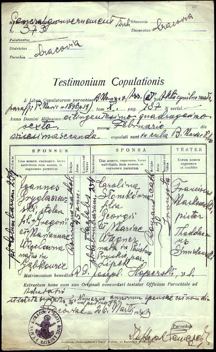 1846 Testimonium copulationis Joannes Gryglaszewski et Carolina Somkwna