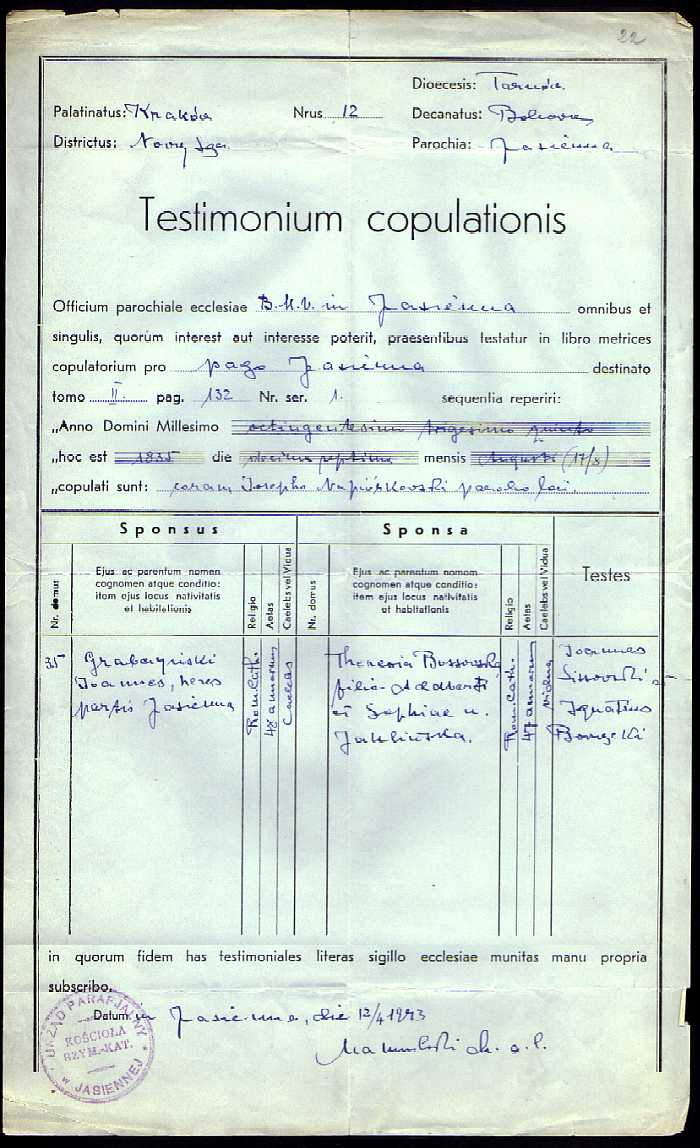 1835 Testimonium copulationis Joannes Grabczyski et Theresia Bossowska