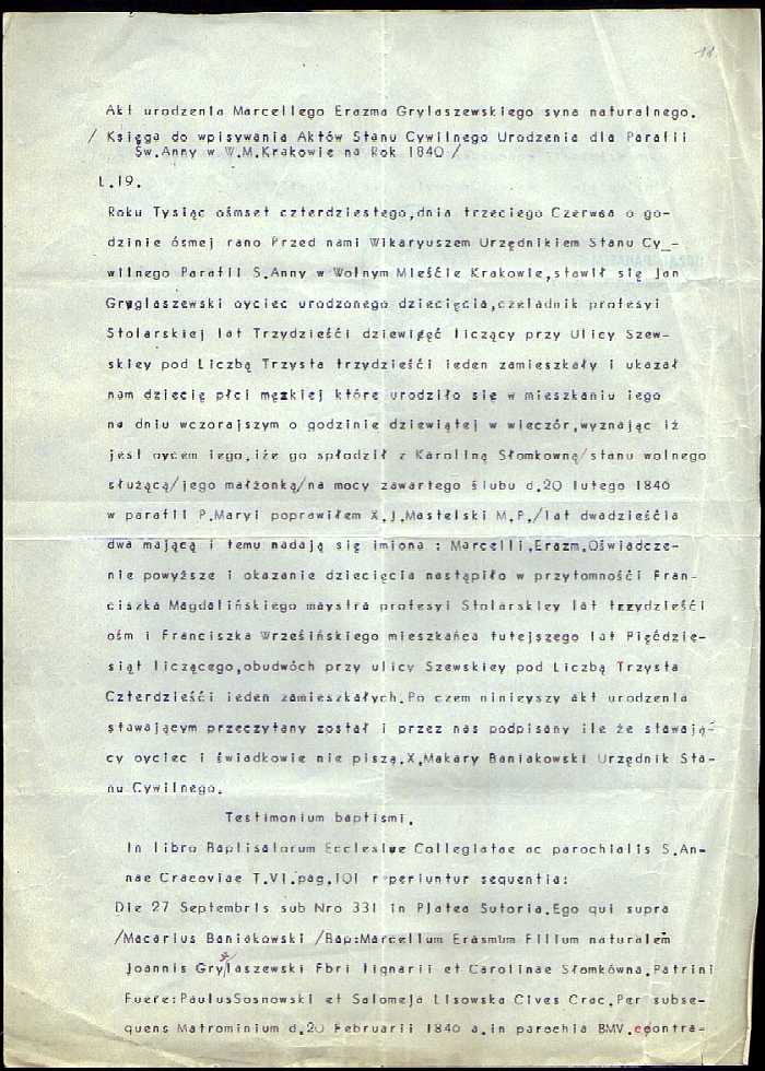 1840 Testimonium ortus et baptismi Marceli Erazm Gryglaszewski