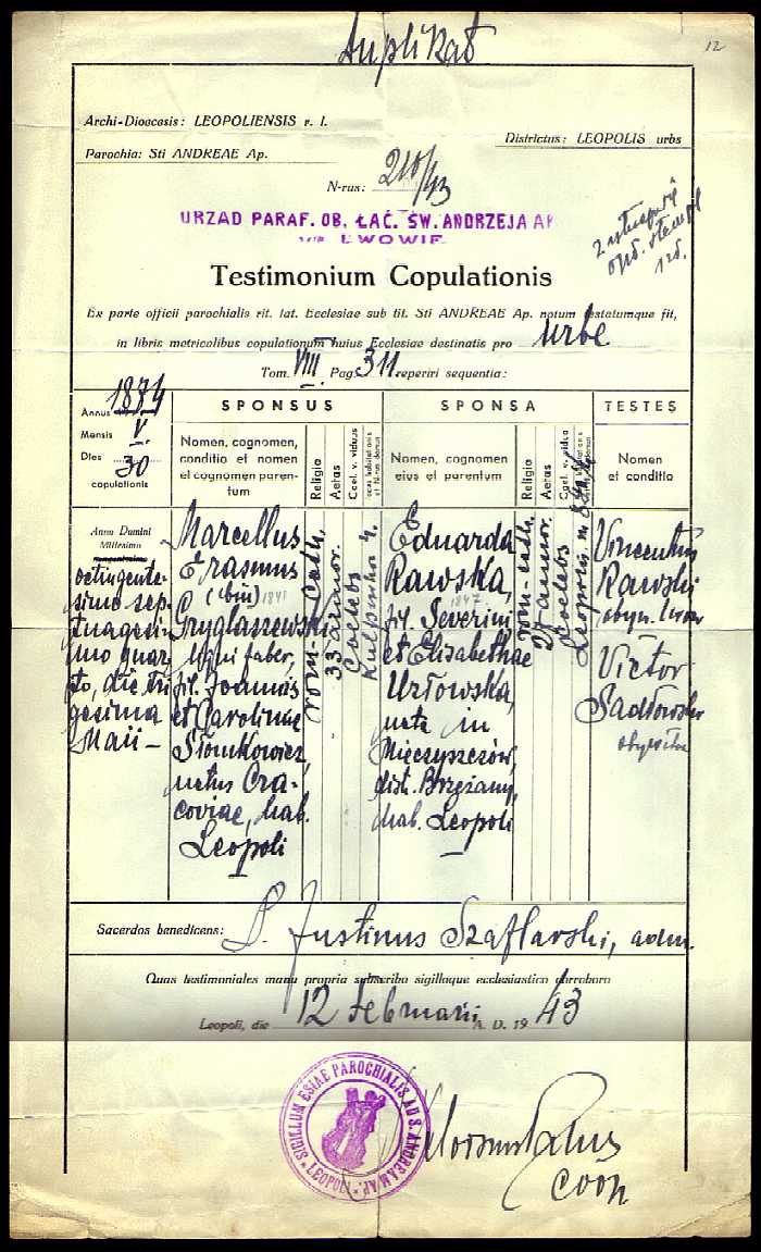 1874 Testimonium copulationis Marcellus Erasmus Gryglaszewski et Eduarda Rawska