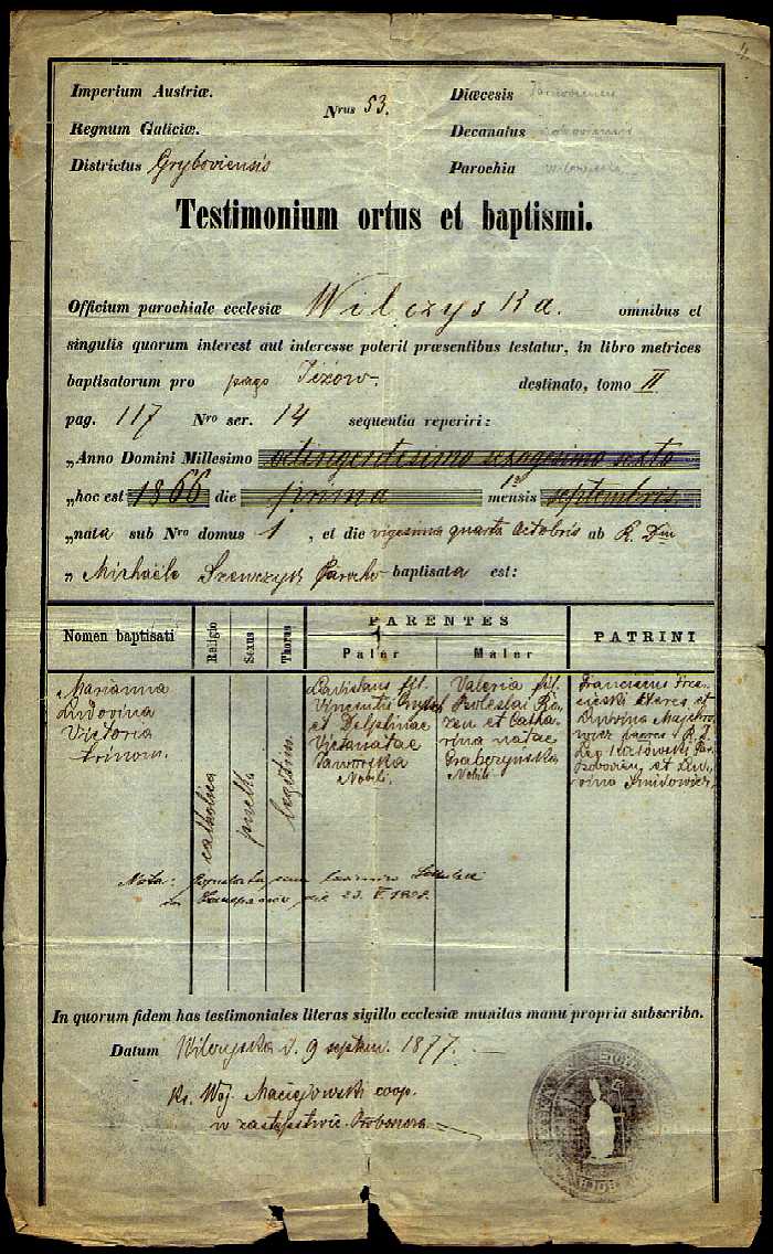 1866 Testimonium ortus et baptismi Maria Ludvina Victoria Onytsch