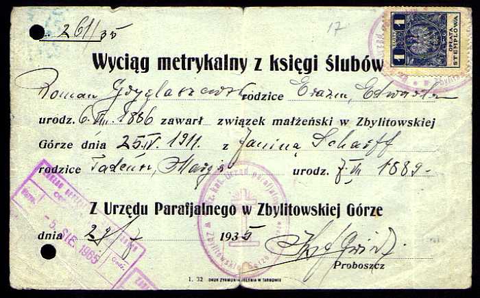 1911 Wycig metrykalny z ksigi lubw Romana Gryglaszewskiego i Janiny Scharff