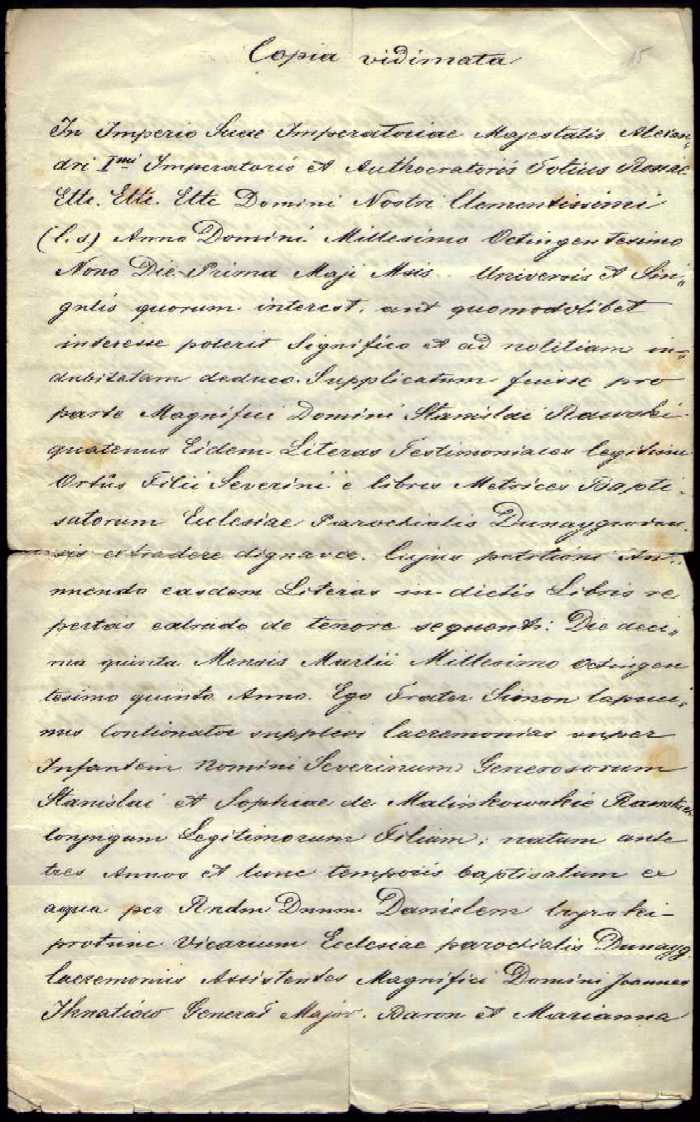 1802 Testimonium ortus et baptismi Severinum Rawski