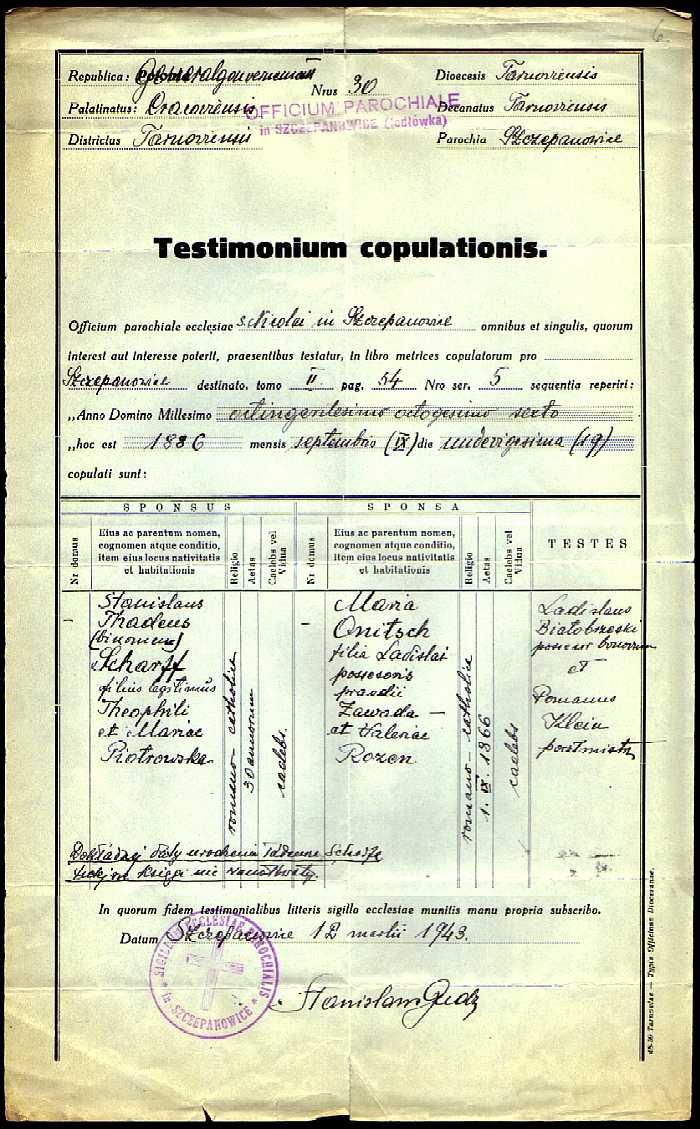 1886 Testimonium copulationis Stanislaus Thadeus Scharff et Maria Onitsch