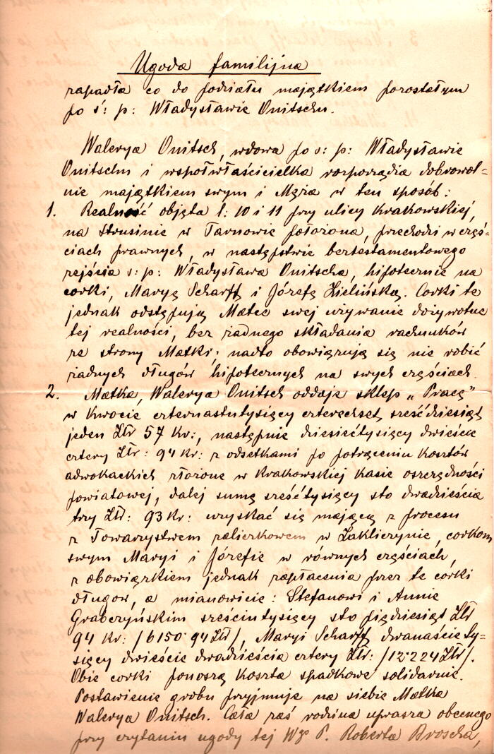 1900 Ugoda familijna zapada co do podziau majtkiem pozostaym po .p. Wadysawie Onitschu