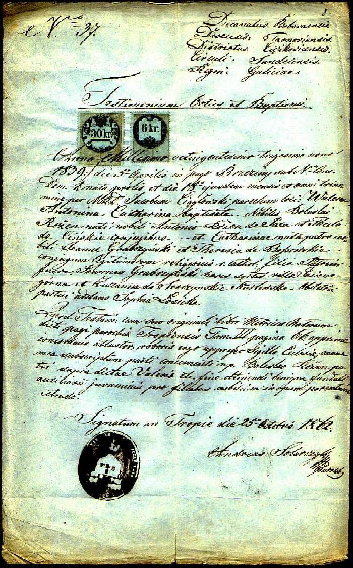 1839 Testimonium ortus et baptismi Valeria Antonina Catharina Roen de Jaxa