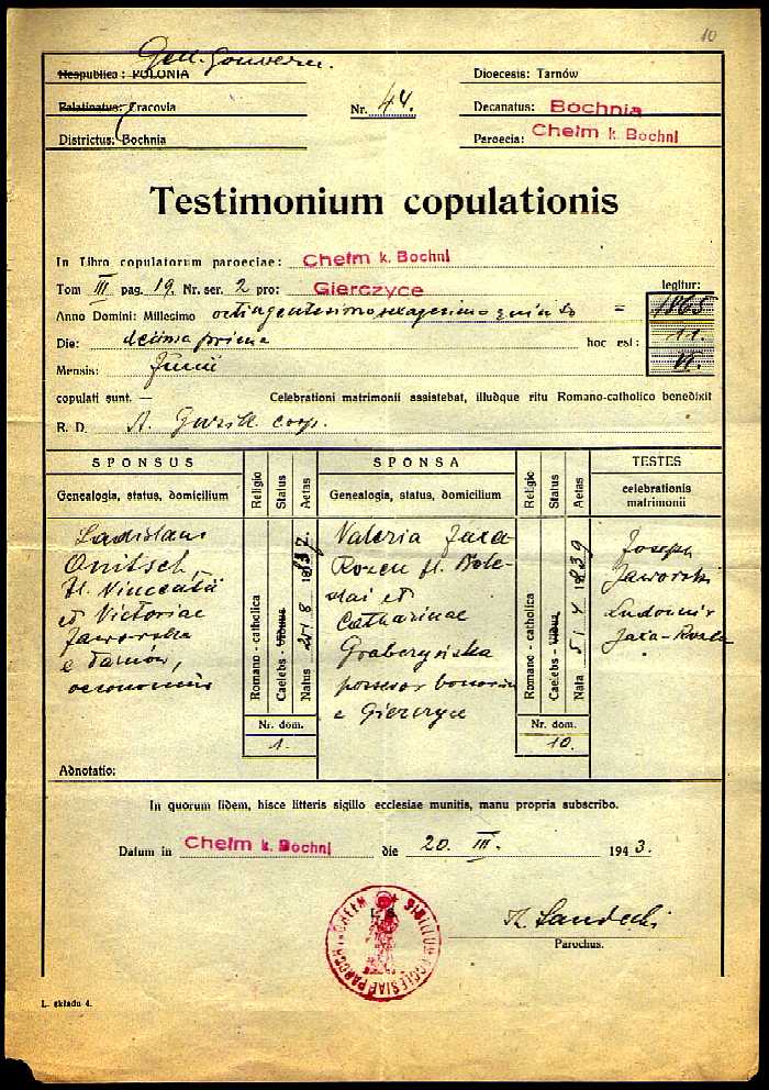 1865 Testimonium copulationis Ladislaus Onitsch et Valeria Jaxa Roen